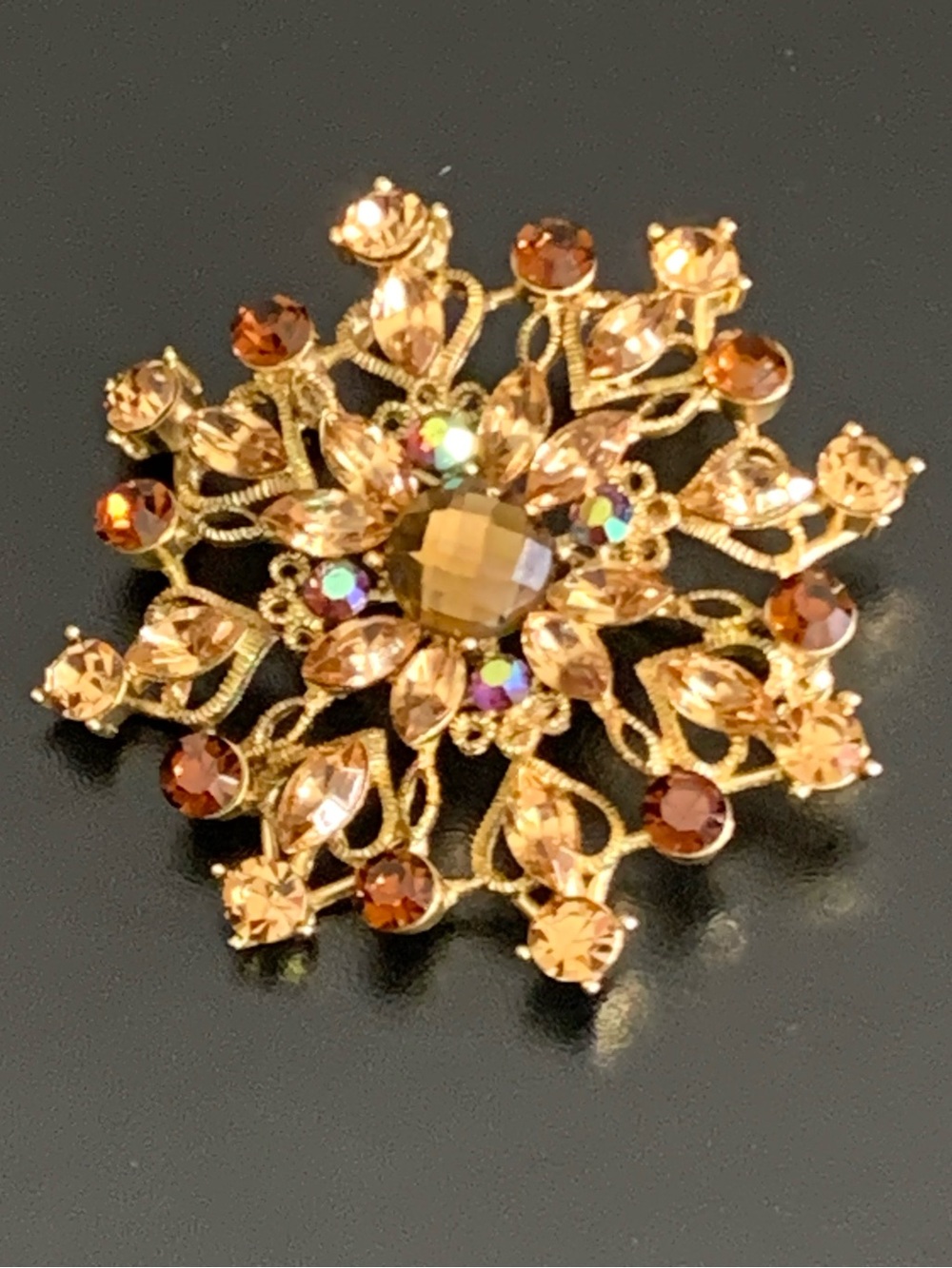 Vintage Starburst Rhinestone Brooch Amber & Topaz Crystal Medallion Pin